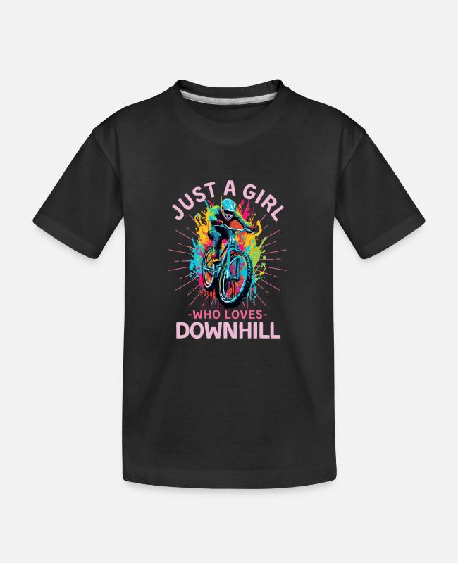 Downhill mountain biking girl on Kid’s Organic T-Shirt