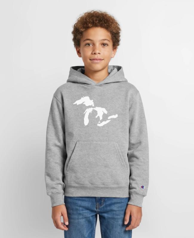The Great Lakes Design Michigan SIlhouette Vector on Champion Youth Hoodie